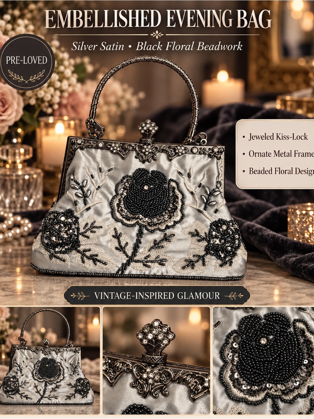 VINTAGE-INSPIRED SILVER SATIN BEADED FLORAL EVENING BAG | PRE-LOVED